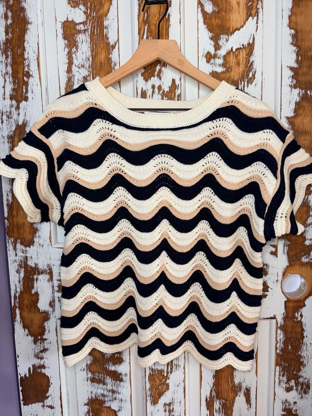 Women's Short Sleeve Wave Stripe Crochet Knit Sweater Size M NWT Mediterranean